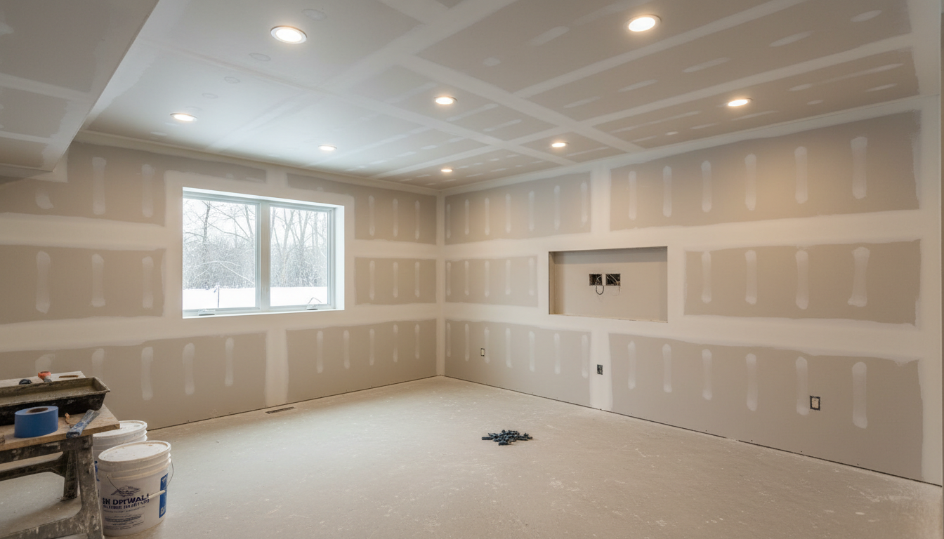 Crew hanging moisture-resistant drywall on framed basement walls in a Metro Detroit home