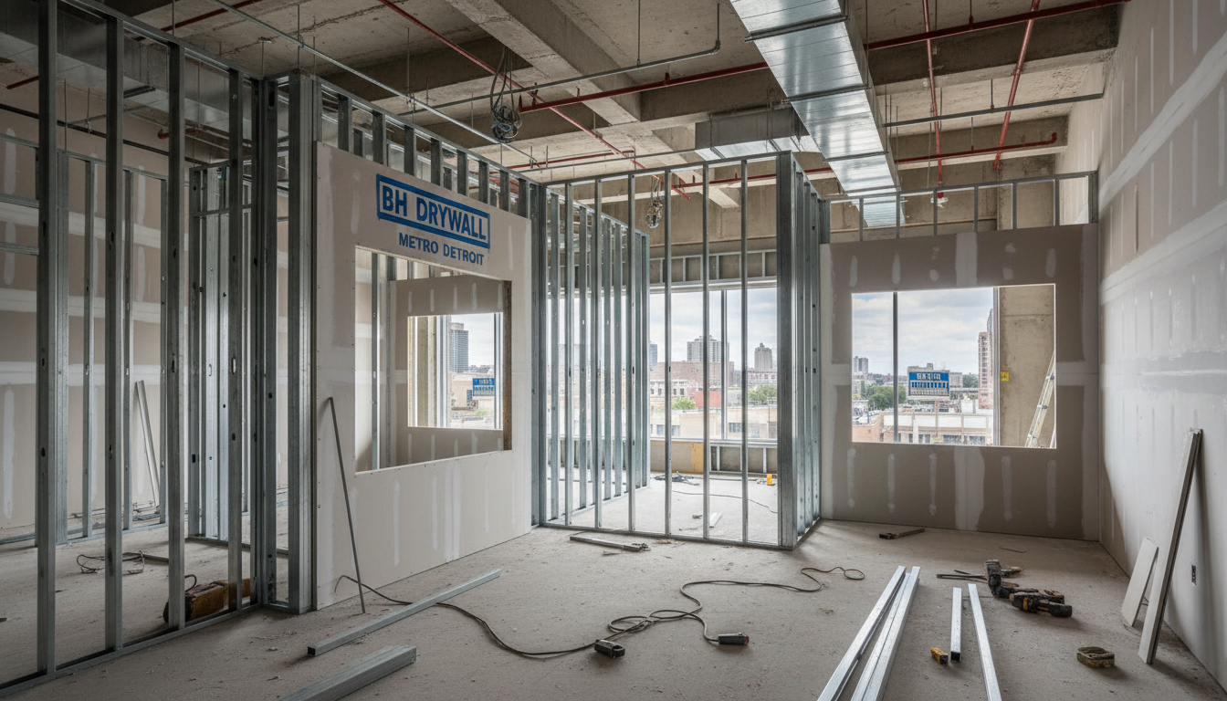 Commercial drywall partition framing in a Detroit tenant build-out