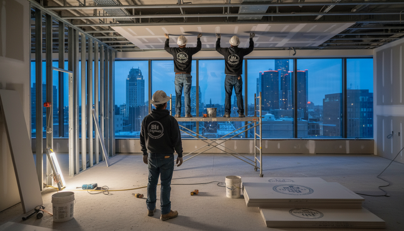 Finished commercial drywall with paint-ready walls in Metro Detroit office space