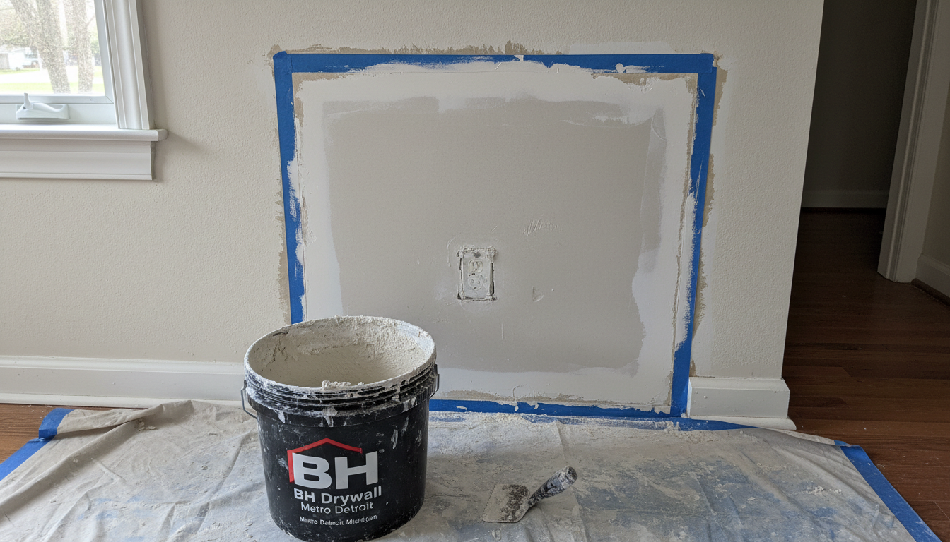Before and after drywall patch repair in a Metro Detroit hallway