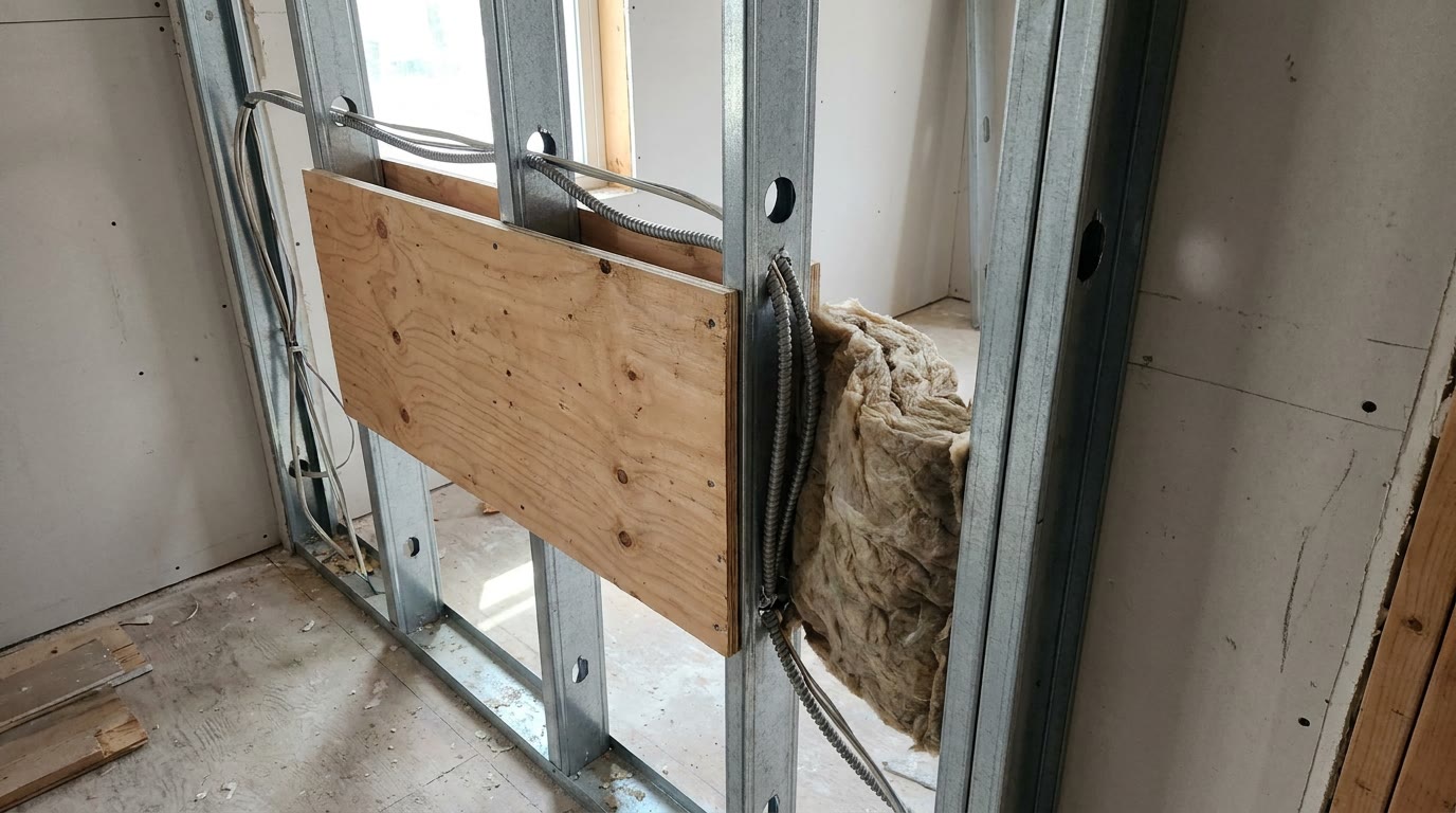 Plywood backing screwed between metal studs at TV mount height with wiring run through the stud knockouts