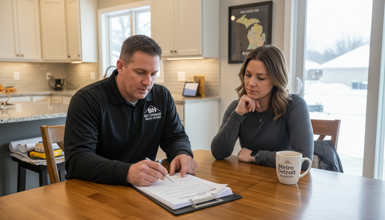 Homeowner reviewing drywall contract scope with contractor in Metro Detroit