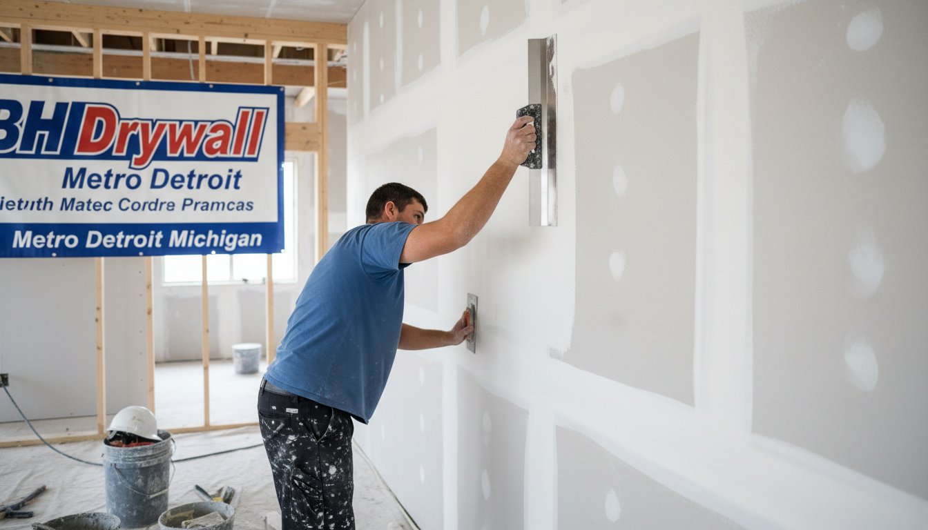 Drywall finisher applying a skim coat with a wide knife in Metro Detroit