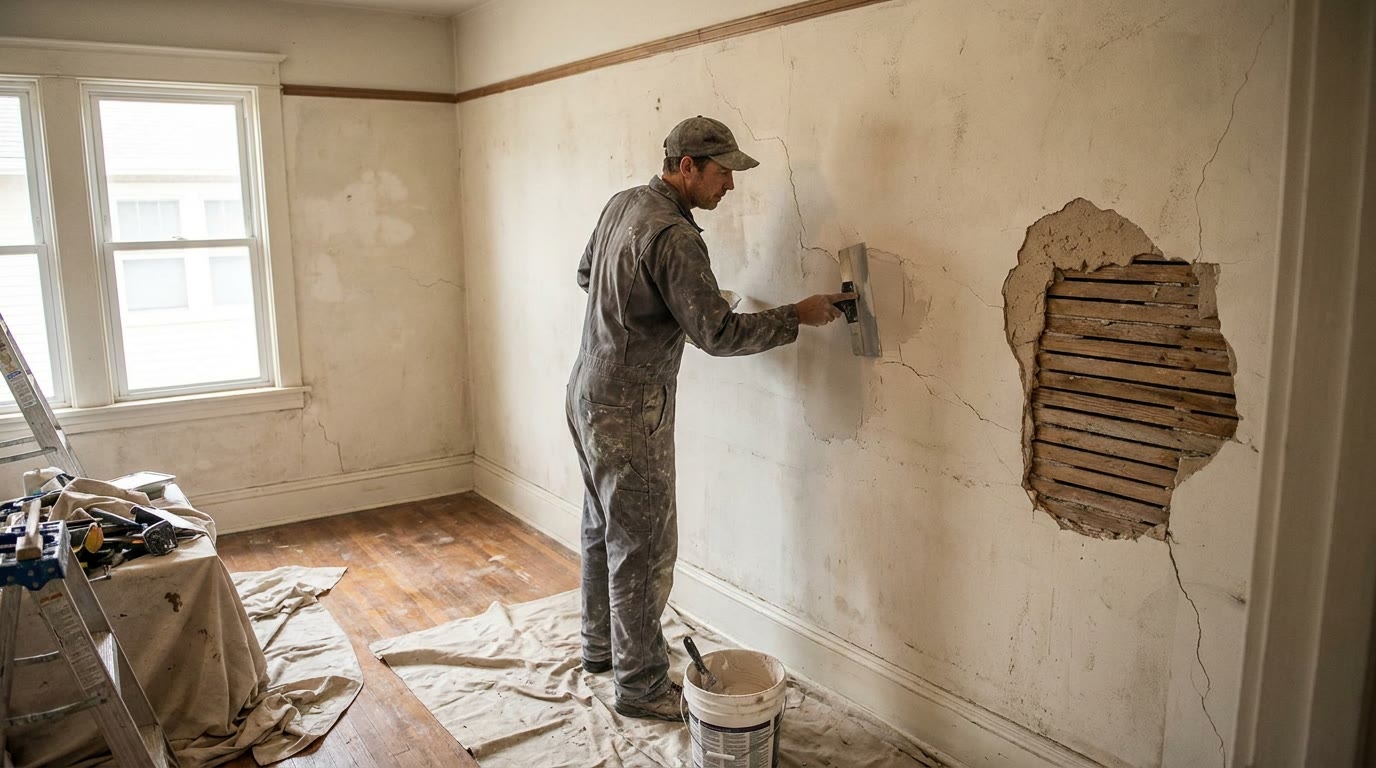 Contractor skim coating a cracked plaster wall beside exposed wood lath in an older Metro Detroit home