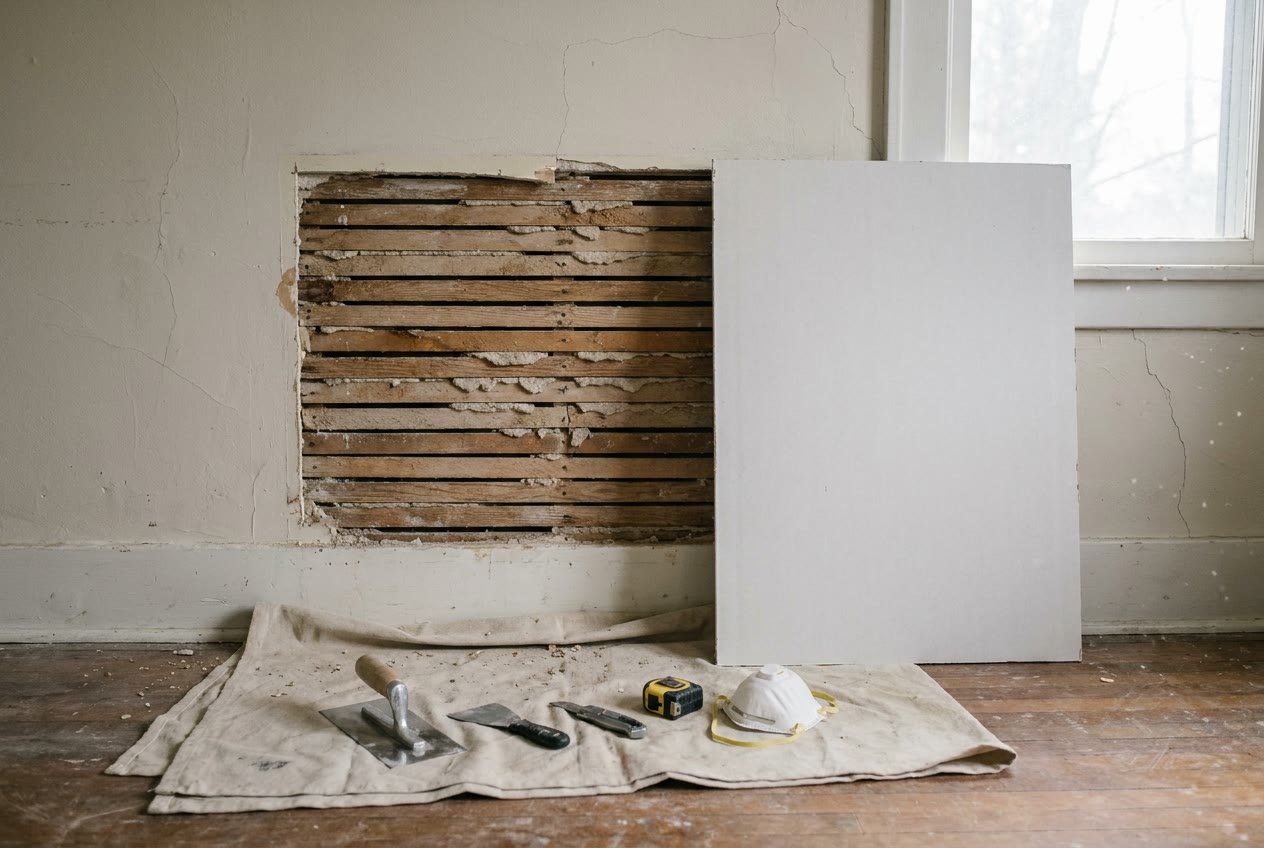 Wood lath exposed behind a removed section of failed plaster with a sheet of drywall ready alongside