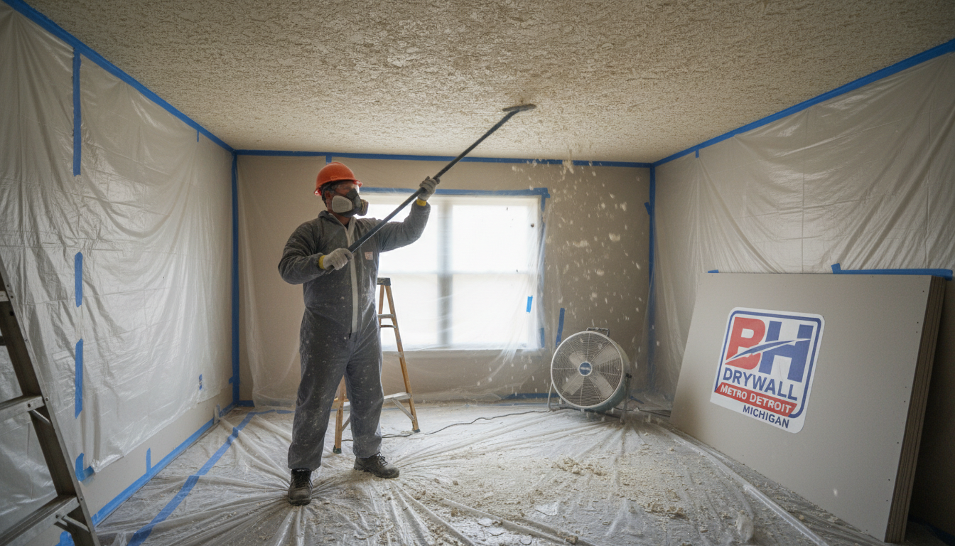 Worker removing popcorn ceiling texture in a Metro Detroit ranch home