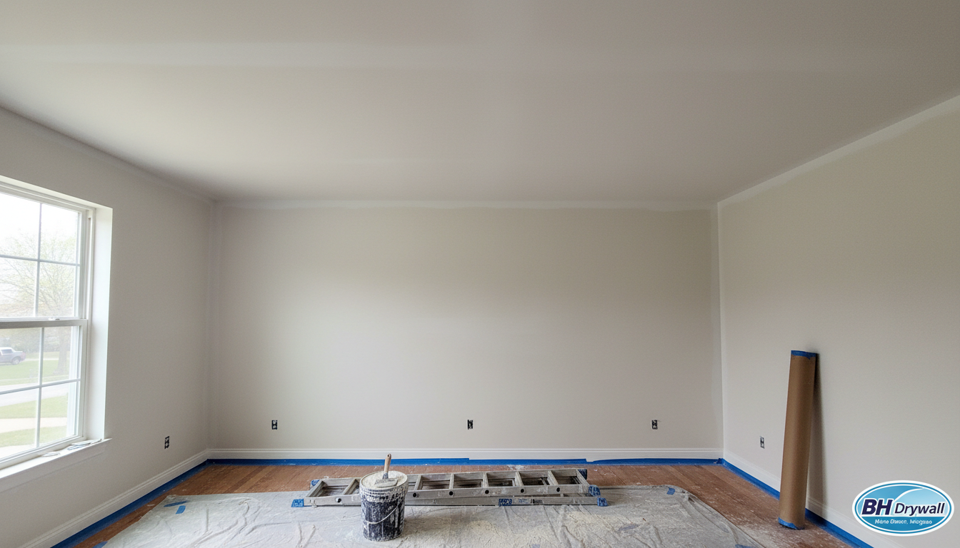 Smooth ceiling after skim coat following popcorn removal in Michigan