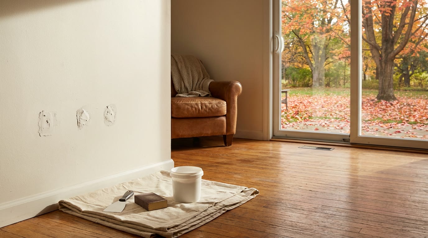 Painted living room wall beside a glass patio door with three small dings freshly filled with compound, and a putty knife, a sanding sponge and a tub of compound on a drop cloth below