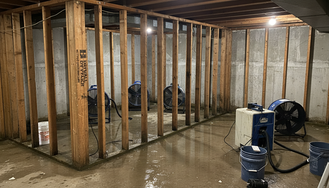Flood cut drywall removed along a basement wall showing clean studs in Michigan